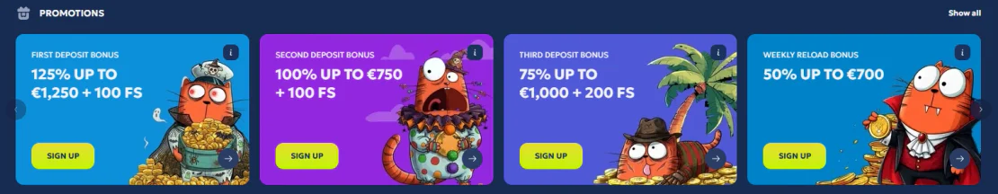 Galleon Casino promotions page featuring first deposit bonuses, reload offers, free spins and cashback rewards